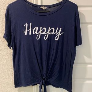 Soft Blue Front Tie Crop “Happy” Shirt, Size Large